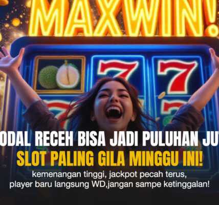 Seorang pemain wanita bersorak depan mesin slot 777 bertuliskan MAXWIN, dikelilingi koin emas dan cahaya kemenangan.