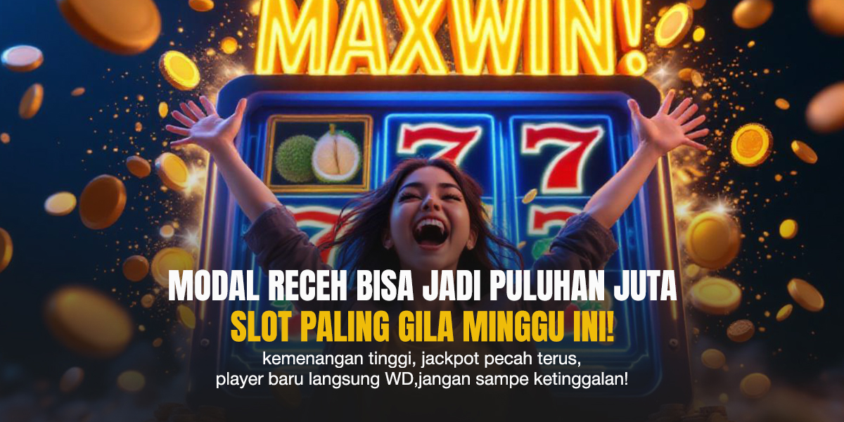 Seorang pemain wanita bersorak depan mesin slot 777 bertuliskan MAXWIN, dikelilingi koin emas dan cahaya kemenangan.